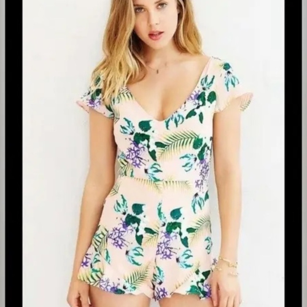 For Love And Lemons Floral Romper in Cream and Green